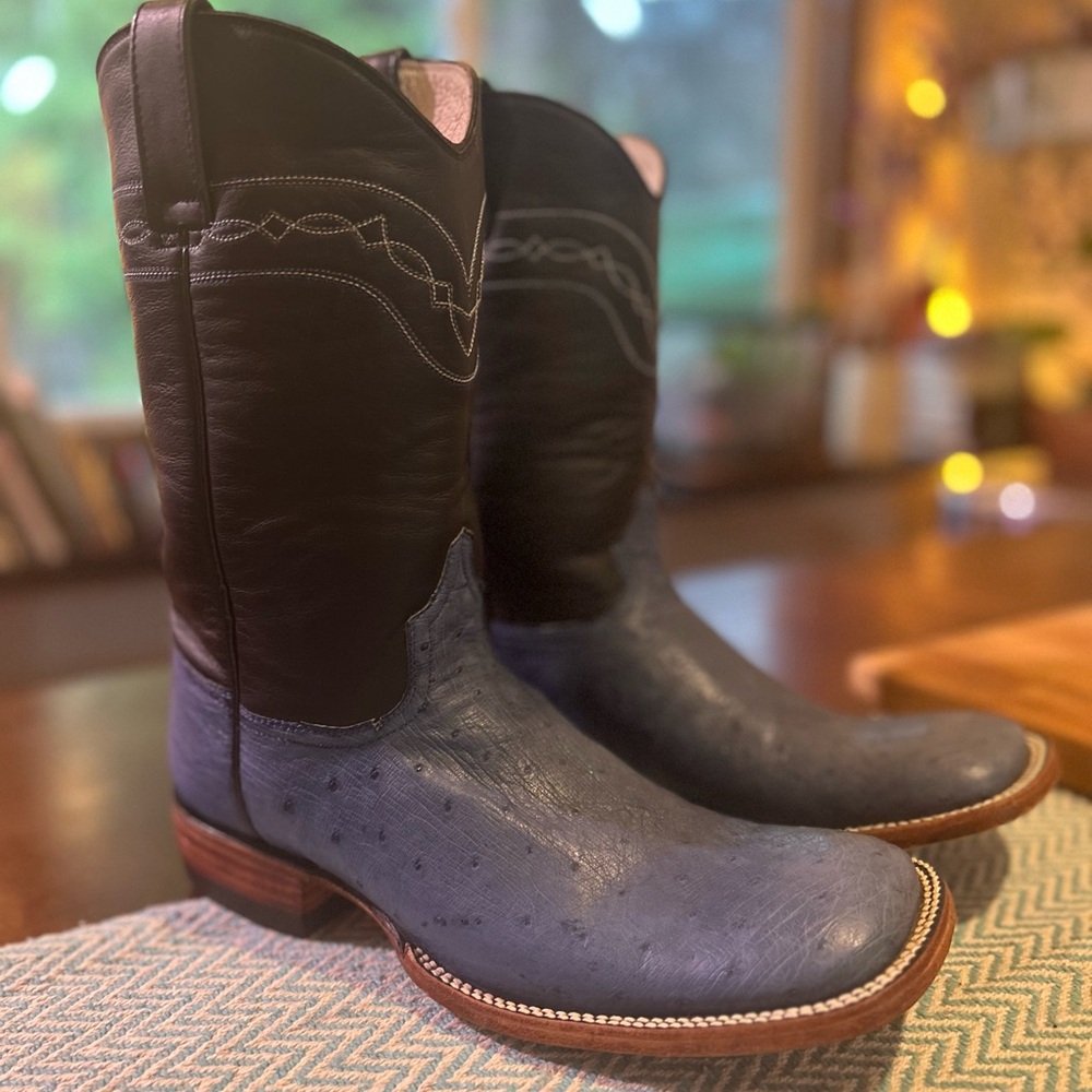 Black and Blue Ostrich Leather Cowboy Boots